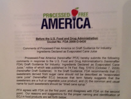 Processed-Free America Tells FDA "Evaporated Cane Juice" is a Misleading Term